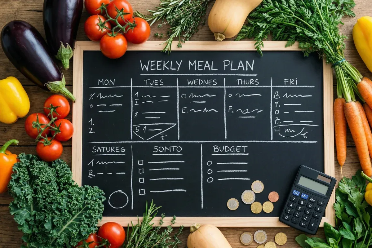 A weekly meal plan on a chalkboard surrounded by fresh vegetables and a calculator, showing smart budgeting