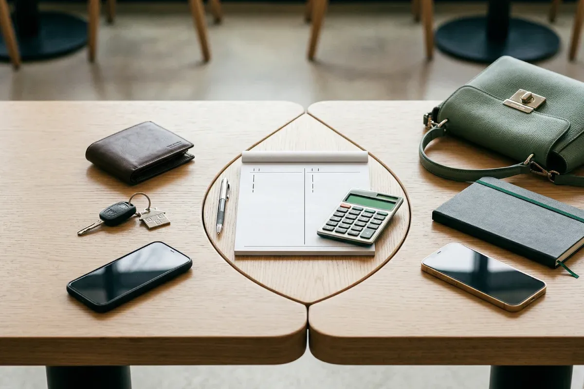 Two personal spaces meeting in the middle of a table, representing the merging of financial lives as a couple