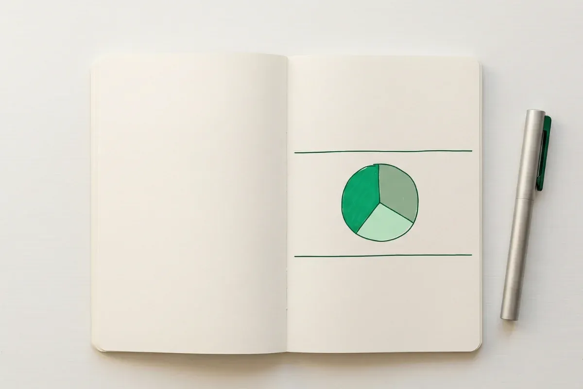 A hand-drawn pie chart in a notebook showing budget allocation segments