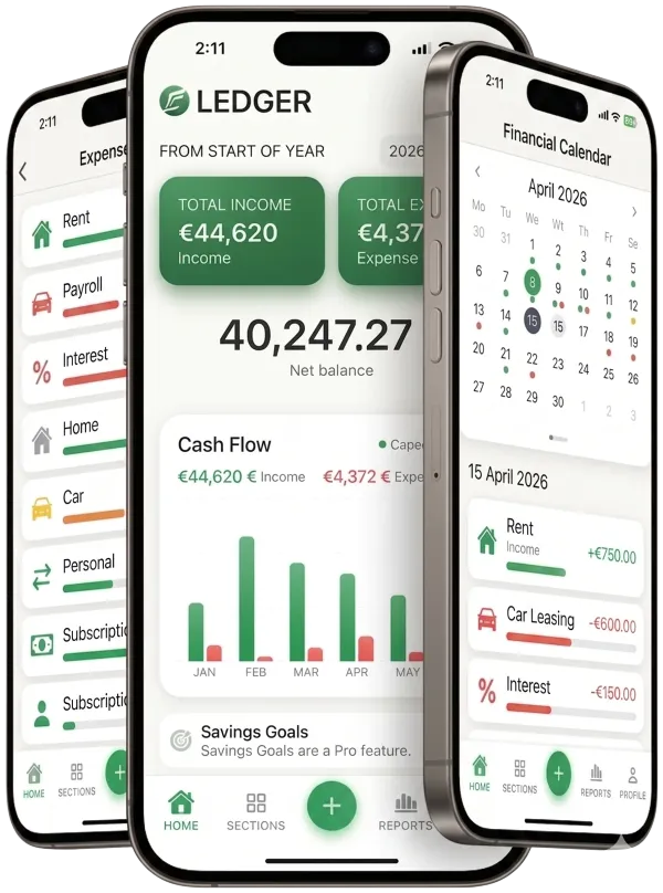 Tefteri app screenshots showing dashboard, categories, and financial calendar