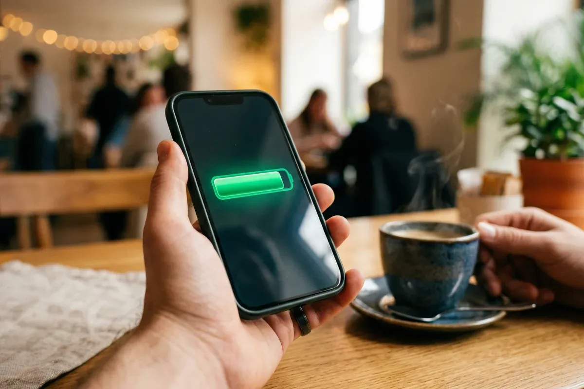 A person confidently sharing their savings progress on their phone with a friend at a cafe