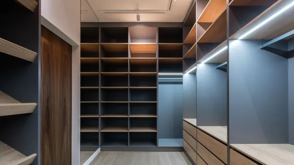 Minimalist organized wardrobe with shelves — representing intentional spending in a no-buy challenge