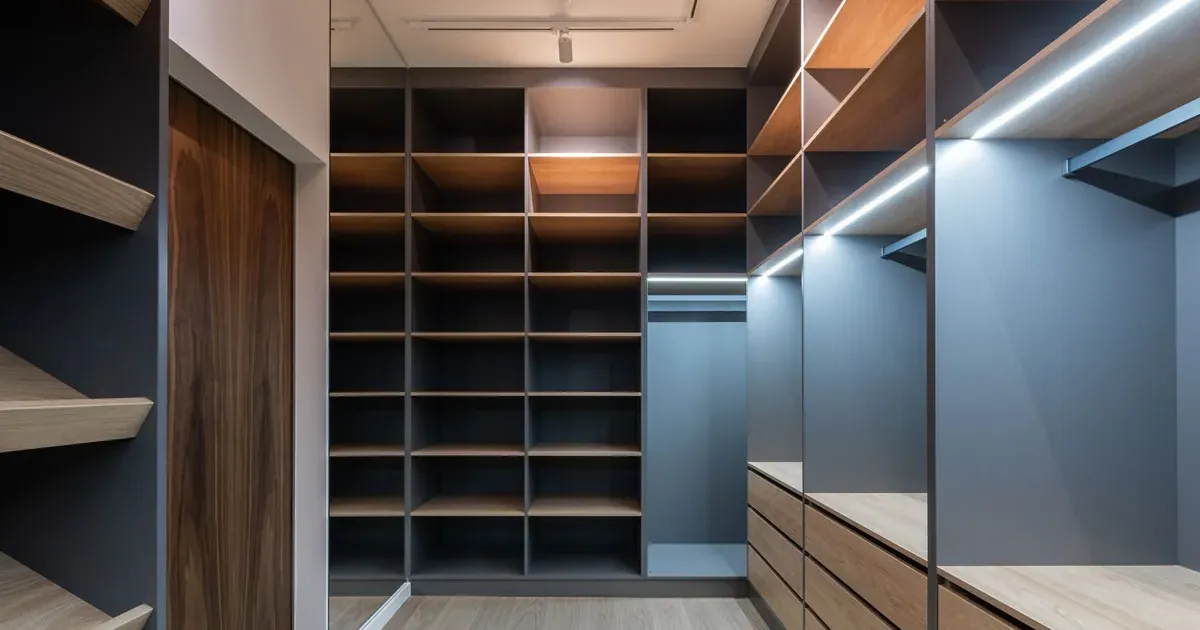 Minimalist organized wardrobe with shelves — representing intentional spending in a no-buy challenge