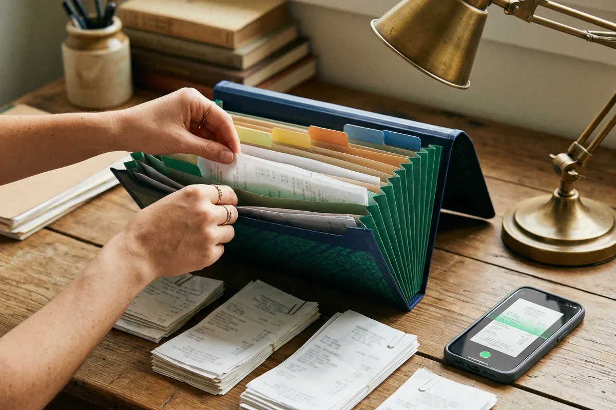 Hands sorting paper receipts into a color-coded accordion folder for tax organization