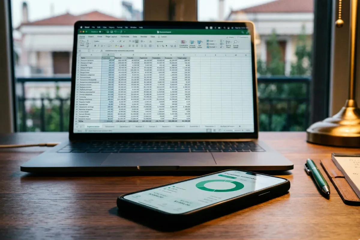 A blurred complex spreadsheet in the background with a clean phone dashboard in focus, showing the simplification of expense tracking