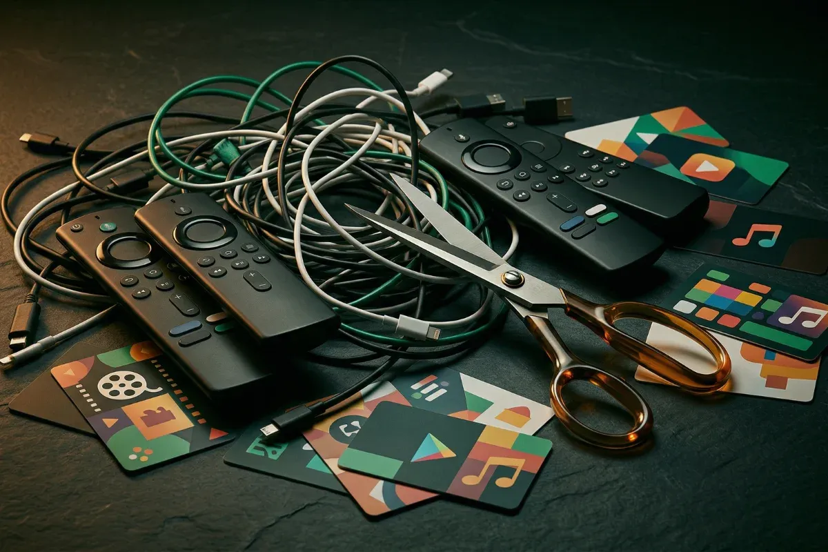 A pile of tangled cables and streaming remotes with scissors, symbolizing cutting subscriptions