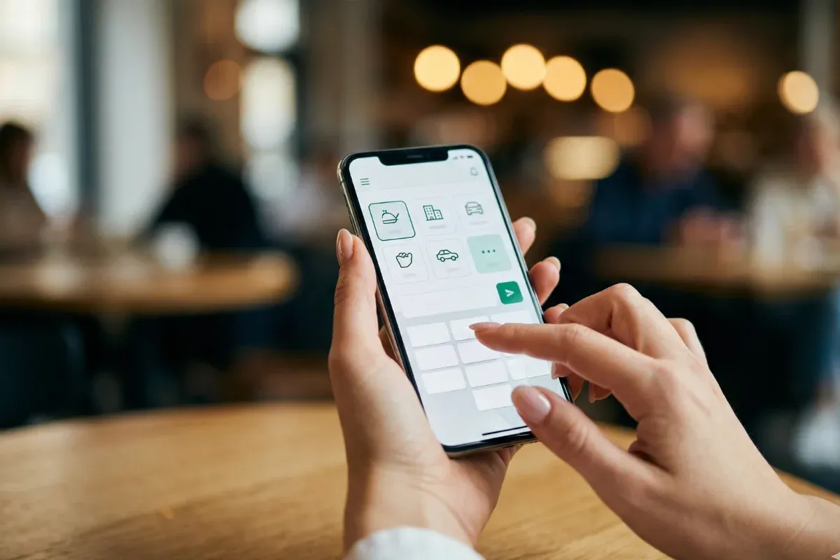 A person entering an expense on their phone at a cafe, demonstrating quick mobile expense tracking